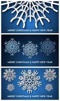 jul mörk blå bakgrund med vit papper glitter snöflingor. uppsättning av tre ny år snöflingor Semester dekorationer. vektor illustration