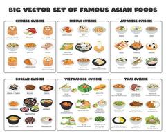asiatisk mat vektor uppsättning. stor uppsättning av känd kinesiska, vietnamesiska, indian, japanska, koreanska, thai maträtter platt vektor illustration, ClipArt tecknad serie. spaghetti, Ramen, pho, sushi. asiatisk kök vektor design