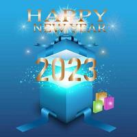 Neujahr 2023 mit einer blauen Box, öffnen Sie den Deckel. in der mitte ist ein glitzerndes licht. Auf der Schachtel ist eine Schleife. die Spitze hat Goldtext und -feuerwerk. Der Boden hat eine Tasche. auf dem blauen Hintergrund vektor