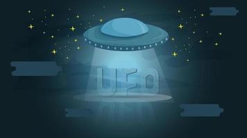 ufo schwebte nachts über den Buchstaben und beleuchtete sie als flache Illustration für das Design vektor