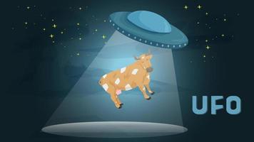 ufo entführt eine tierkuh nachts flache illustration für design vektor
