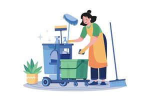 kvinna rengöring arbetstagare med rengöring Utrustning vektor
