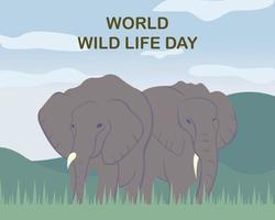 Illustrationsvektorgrafik eines Elefantenpaares, das auf der Wiese spazieren geht und die Berge im Hintergrund zeigt, perfekt für den internationalen Tag, den Weltwildlebenstag, Feiern, Grußkarten usw. vektor