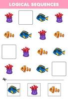bildungsspiel für kinder logische sequenzen für kinder mit niedlichem cartoon-fischanemone druckbares unterwasserarbeitsblatt vektor