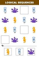 Lernspiel für Kinder Logische Sequenzen für Kinder mit niedlichem Cartoon-Seepferdchen-Tintenfisch-Korallen-Unterwasser-Arbeitsblatt zum Ausdrucken vektor