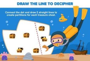 Lernspiel für Kinder Helfen Sie dem Taucher, die Linien zu zeichnen, um jedes druckbare Unterwasser-Arbeitsblatt für jede Schatztruhe zu trennen vektor
