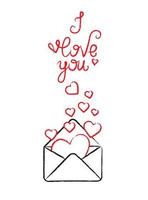vykort med kuvert, hjärtan och hand text jag kärlek du. vektor