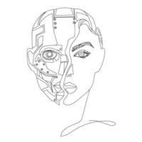 artificiell intelligens koncept.huvud av robot med halv av kvinna ansikte liner vektor illustration.future teknologi och maskin.elektronisk krets anslutning.smart cyber sinne utbildning.svart och vit