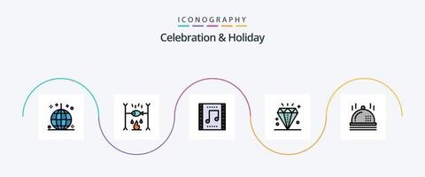 feier- und feiertagslinie gefülltes flaches 5-symbolpaket einschließlich feiertag. Diamant. Urlaub. Feier. Musik Konzert vektor