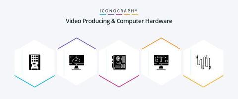 video producerar och dator hårdvara 25 glyf ikon packa Inklusive visa. dator. Installera. moderkort. moderkort vektor