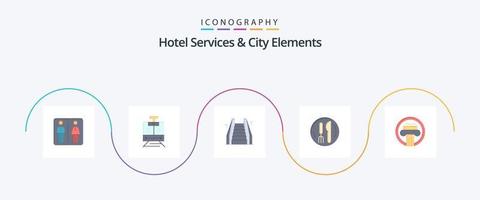 Hotelservices und Stadtelemente Flat 5 Icon Pack inklusive Architektur. Platte. Treppe. Knie . Hotel vektor