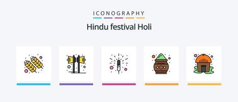 Holi-Linie gefülltes 5-Icon-Pack inklusive Topf. Farbe. Lampe. Lautsprecher. Party. kreatives Symboldesign vektor