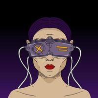 flicka bär virtuell glasögon går in cyber rike vektor