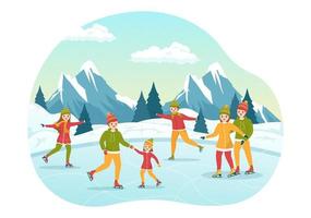 männer, frauen und kinder, die auf der eisbahn schlittschuhlaufen und winterkleidung für outdoor-aktivitäten in flachen handgezeichneten vorlagenillustrationen der karikatur tragen vektor