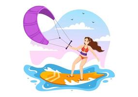 kitesurfing-illustration mit kitesurfer, der auf kiteboard im sommermeer in extremer wassersport-flachkarikatur-handgezeichneter vorlage steht vektor