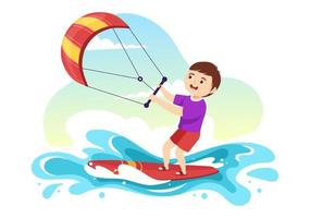 kite illustration med barn drake surfare stående på kiteboarden i de sommar hav i extrem vatten sporter platt tecknad serie hand dragen mall vektor