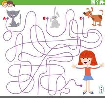 labyrint spel med flicka och husdjur karaktärer vektor