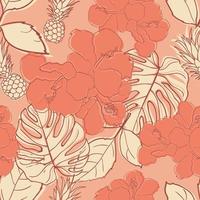 Hibiskusblüten und Blätter Musterdesign Hintergrund. tropisches naturverpackungspapier oder textildesign. schöner Druck mit handgezeichneter exotischer Blume. vektor