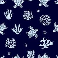 sömlös grafisk mönster, hav liv korall, sköldpadda och tång vektor