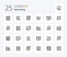 Webhosting-Icon-Paket mit 25 Zeilen einschließlich Bildschirm. Netz. Daten. Wolke. VPN vektor