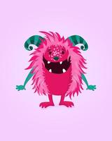 Fröhliches Cartoon-Monster mit rosafarbenem Fell und Hörnern. bunte isolierte vektorillustration für jede verwendung. vektor