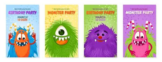 geburtstagseinladungskarte mit lustigen niedlichen monstern. Monsterparty. Vektor wird mit Schnittmaske beschnitten. Alles Gute zum Geburtstag. Vektor-Illustration