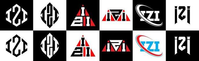 izi-Buchstaben-Logo-Design in sechs Stilen. izi polygon, kreis, dreieck, hexagon, flacher und einfacher stil mit schwarz-weißem buchstabenlogo in einer zeichenfläche. izi minimalistisches und klassisches Logo vektor