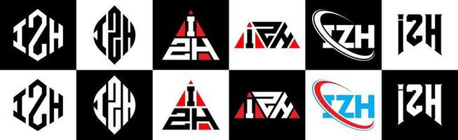 izh-Buchstaben-Logo-Design in sechs Stilen. Izh-Polygon, Kreis, Dreieck, Sechseck, flacher und einfacher Stil mit schwarz-weißem Buchstabenlogo in einer Zeichenfläche. Izh minimalistisches und klassisches Logo vektor