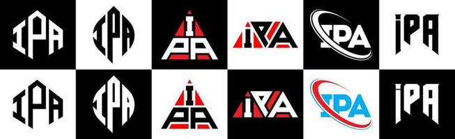 ipa brev logotyp design i sex stil. ipa polygon, cirkel, triangel, sexhörning, platt och enkel stil med svart och vit Färg variation brev logotyp uppsättning i ett rittavla. ipa minimalistisk och klassisk logotyp vektor