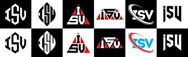 isv-Buchstaben-Logo-Design in sechs Stilen. isv polygon, kreis, dreieck, sechseck, flacher und einfacher stil mit schwarz-weißem buchstabenlogo in einer zeichenfläche. isv minimalistisches und klassisches logo vektor