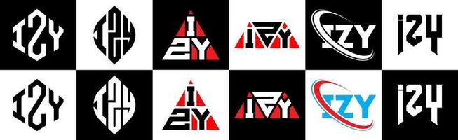 Izy-Buchstaben-Logo-Design in sechs Stilen. Izy-Polygon, Kreis, Dreieck, Sechseck, flacher und einfacher Stil mit schwarz-weißem Buchstabenlogo in einer Zeichenfläche. Izy minimalistisches und klassisches Logo vektor