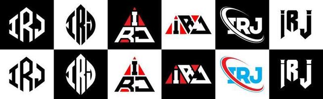 Irj-Buchstaben-Logo-Design in sechs Stilen. irj polygon, kreis, dreieck, sechseck, flacher und einfacher stil mit schwarz-weißem buchstabenlogo in einer zeichenfläche. Irj minimalistisches und klassisches Logo vektor