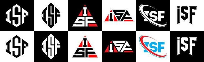 isf-Buchstaben-Logo-Design in sechs Stilen. isf-polygon, kreis, dreieck, sechseck, flacher und einfacher stil mit schwarz-weißem buchstabenlogo in einer zeichenfläche. ist minimalistisches und klassisches Logo vektor