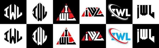 iwl-Buchstaben-Logo-Design in sechs Stilen. iwl polygon, kreis, dreieck, sechseck, flacher und einfacher stil mit schwarz-weißem buchstabenlogo in einer zeichenfläche. iwl minimalistisches und klassisches Logo vektor
