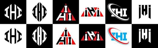 ihi-Buchstaben-Logo-Design in sechs Stilen. ihi polygon, kreis, dreieck, sechseck, flacher und einfacher stil mit schwarz-weißem buchstabenlogo in einer zeichenfläche. ihi minimalistisches und klassisches Logo vektor