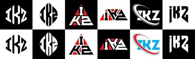 ikz-Buchstaben-Logo-Design in sechs Stilen. ikz polygon, kreis, dreieck, sechseck, flacher und einfacher stil mit schwarz-weißem buchstabenlogo in einer zeichenfläche. ikz minimalistisches und klassisches Logo vektor