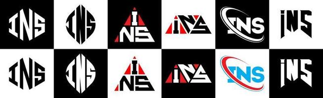Ins-Buchstaben-Logo-Design in sechs Stilen. Ins Polygon, Kreis, Dreieck, Sechseck, flacher und einfacher Stil mit schwarz-weißem Buchstabenlogo in einer Zeichenfläche. ins minimalistische und klassische Logo vektor