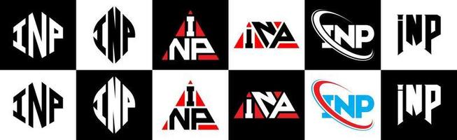 inp-Buchstaben-Logo-Design in sechs Stilen. inp Polygon, Kreis, Dreieck, Sechseck, flacher und einfacher Stil mit schwarz-weißem Buchstabenlogo in einer Zeichenfläche. inp minimalistisches und klassisches Logo vektor