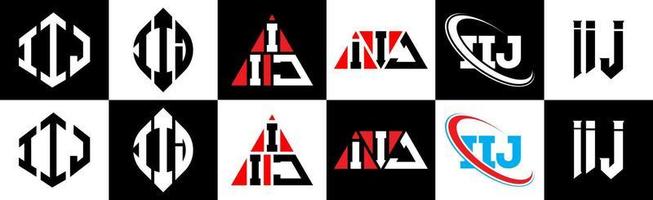 iij-Buchstaben-Logo-Design in sechs Stilen. iij polygon, kreis, dreieck, sechseck, flacher und einfacher stil mit schwarz-weißem buchstabenlogo in einer zeichenfläche. iij minimalistisches und klassisches Logo vektor