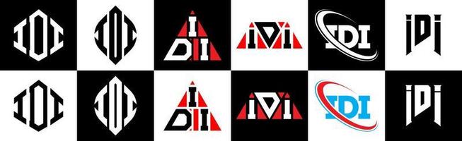 idi-Buchstaben-Logo-Design in sechs Stilen. idi polygon, kreis, dreieck, hexagon, flacher und einfacher stil mit schwarz-weißem buchstabenlogo in einer zeichenfläche. Idi minimalistisches und klassisches Logo vektor