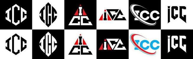 ICC-Brief-Logo-Design in sechs Stilen. icc-polygon, kreis, dreieck, sechseck, flacher und einfacher stil mit schwarz-weißem buchstabenlogo in einer zeichenfläche. ICC minimalistisches und klassisches Logo vektor