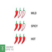 kryddad chili ikon. röd kryddad chili peppar nivå etiketter. kryddad mat mild och extra varm sås. vektor illustration design isolerat på vit bakgrund. eps 10.