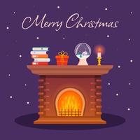 Gemütlicher Kamin mit Bücherstapel, Schneekugel, Geschenkbox und brennender Kerze. frohe weihnachten text. Grußkarte. vektor