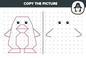 Bildungsspiel für Kinder Kopieren Sie das niedliche Cartoon-Pinguin-Bild, indem Sie das druckbare Unterwasser-Arbeitsblatt mit Punkten verbinden vektor