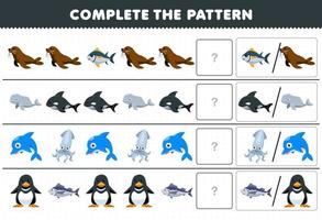 Bildungsspiel für Kinder Vervollständigen Sie das Muster, indem Sie das richtige Bild des niedlichen Cartoon-Walross-Fischs Orca-Pinguin-Delfin-Tintenfisch zum Ausdrucken des Unterwasser-Arbeitsblatts erraten vektor