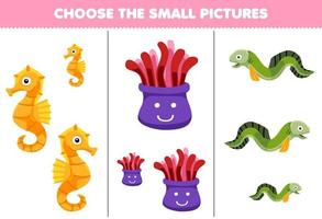 Bildungsspiel für Kinder Wählen Sie das kleine Bild des niedlichen Cartoon-Seepferdchen-Anemonen-Aals zum Ausdrucken des Unterwasser-Arbeitsblatts vektor