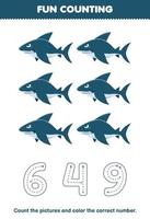 Lernspiel für Kinder Zähle die Bilder und male die richtige Zahl aus dem Unterwasser-Arbeitsblatt zum Ausdrucken für niedliche Cartoon-Haie vektor