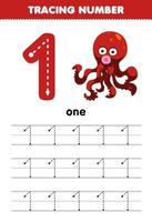 Bildungsspiel für Kinder, das die Nummer eins mit einem niedlichen Cartoon-Oktopus-Bild verfolgt, das ein Unterwasser-Arbeitsblatt zum Ausdrucken enthält vektor