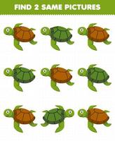 Lernspiel für Kinder Finden Sie zwei gleiche Bilder von niedlichen Cartoon-Schildkröten druckbares Unterwasser-Arbeitsblatt vektor