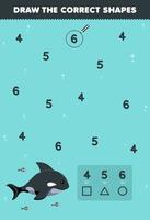 Lernspiel für Kinder Helfen Sie dem niedlichen Cartoon-Orca, die richtigen Formen gemäß dem druckbaren Unterwasser-Arbeitsblatt zu zeichnen vektor